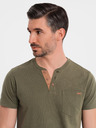 Ombre Clothing Herren-T-Shirt mit Knopfleiste und Wildlederbesatz - dunkel olivgrün