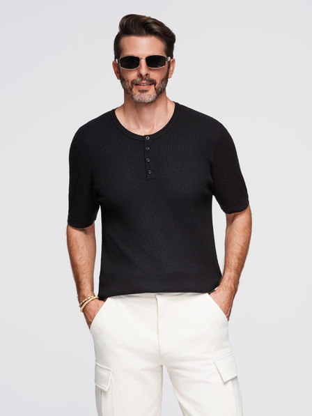 Ombre Clothing Herren-Strick-T-Shirt mit Knöpfen am Ausschnitt - schwarz