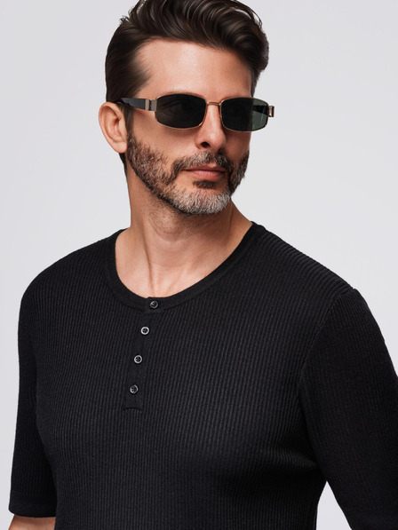 Ombre Clothing Herren-Strick-T-Shirt mit Knöpfen am Ausschnitt - schwarz