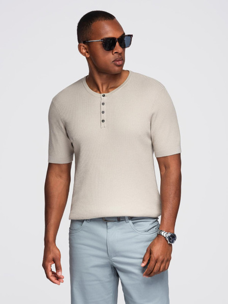 Ombre Clothing Herren-Strick-T-Shirt mit Knöpfen am Ausschnitt - hellgrau