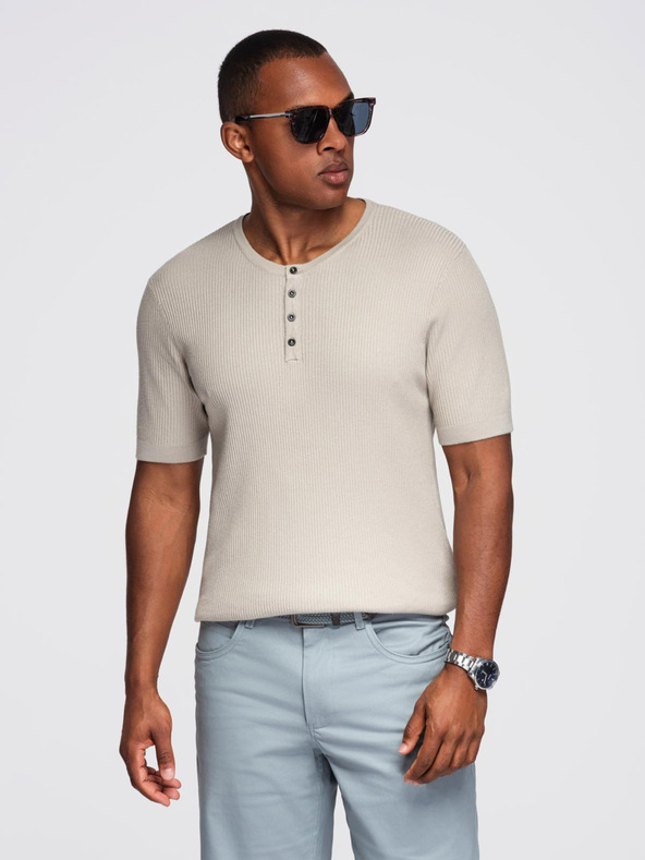 Ombre Clothing Herren-Strick-T-Shirt mit Knöpfen am Ausschnitt - hellgrau