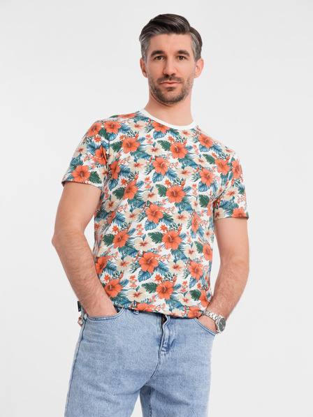 Ombre Clothing Herren-Baumwoll-T-Shirt mit Blumenmuster und Allover-Druck - weiß