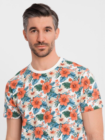 Ombre Clothing Herren-Baumwoll-T-Shirt mit Blumenmuster und Allover-Druck - weiß