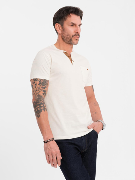 Ombre Clothing Herren-T-Shirt mit Knopfausschnitt und Wildlederkante - weiß