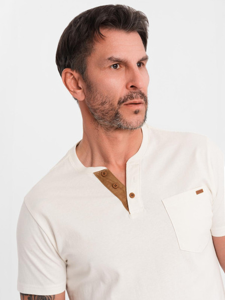 Ombre Clothing Herren-T-Shirt mit Knopfausschnitt und Wildlederkante - weiß