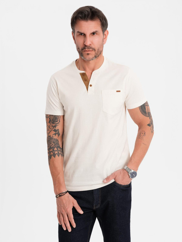 Ombre Clothing Herren-T-Shirt mit Knopfausschnitt und Wildlederkante - weiß