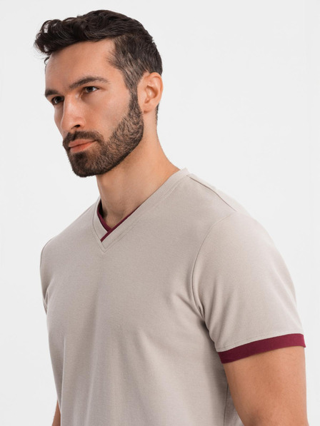 Ombre Clothing Herren-T-Shirt mit Kontrasteinsätzen und V-Ausschnitt - beige