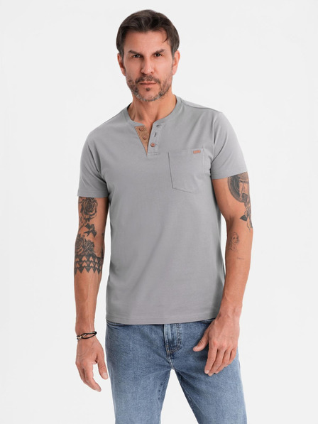 Ombre Clothing Herren-T-Shirt mit Knopfausschnitt und Wildlederkante - grau