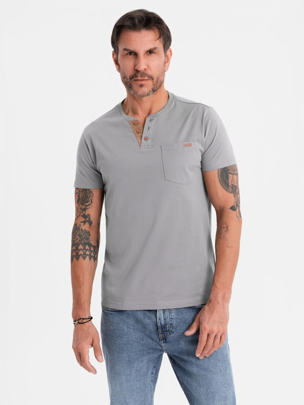 Ombre Clothing Herren-T-Shirt mit Knopfausschnitt und Wildlederkante - grau