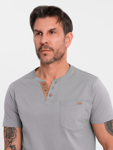 Ombre Clothing Herren-T-Shirt mit Knopfausschnitt und Wildlederkante - grau
