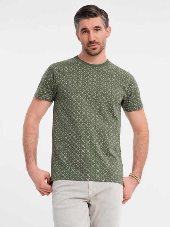 Ombre Clothing Herren-Strick-T-Shirt mit Allover-Druck - olivgrün