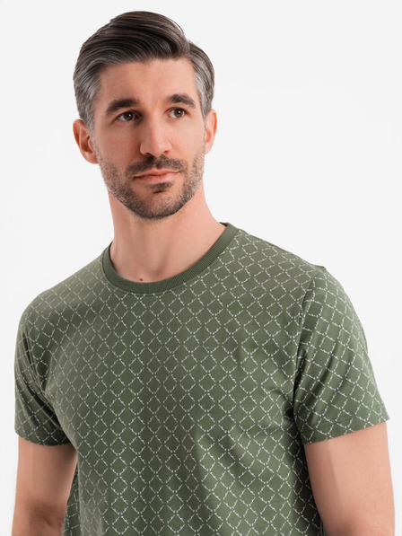 Ombre Clothing Herren-Strick-T-Shirt mit Allover-Druck - olivgrün