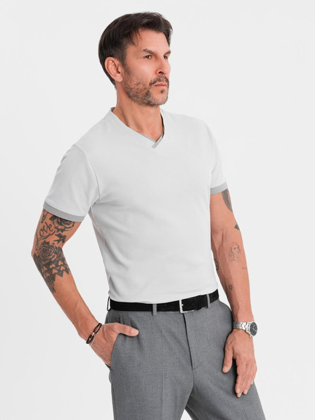Ombre Clothing Herren-T-Shirt mit Kontrasteinsätzen und V-Ausschnitt - hellgrau
