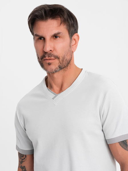 Ombre Clothing Herren-T-Shirt mit Kontrasteinsätzen und V-Ausschnitt - hellgrau