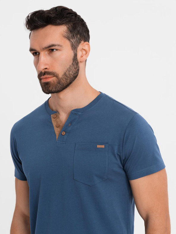 Ombre Clothing Herren-T-Shirt mit Knopfausschnitt und Wildlederkante - dunkelblau