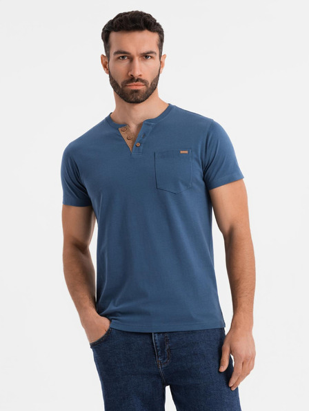 Ombre Clothing Herren-T-Shirt mit Knopfausschnitt und Wildlederkante - dunkelblau