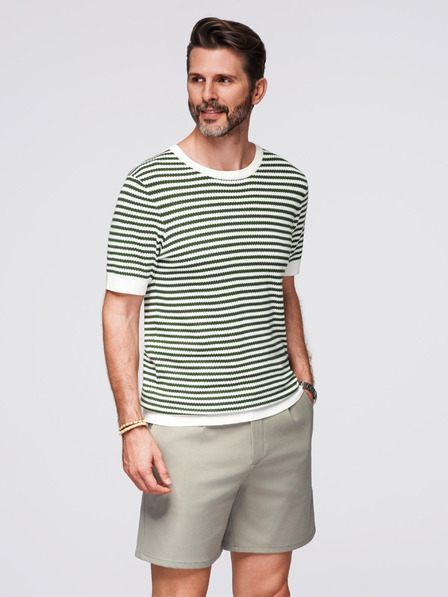 Ombre Clothing Herren Maritimes Strick-T-Shirt mit Lochmuster - olivgrün und weiß