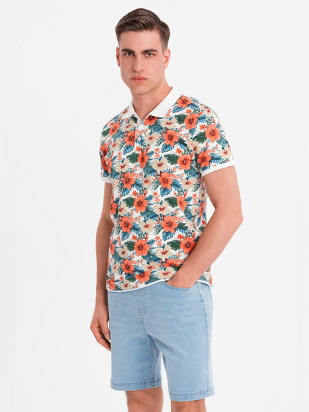 Ombre Clothing Baumwoll-Poloshirt mit Blumendruck - weiß