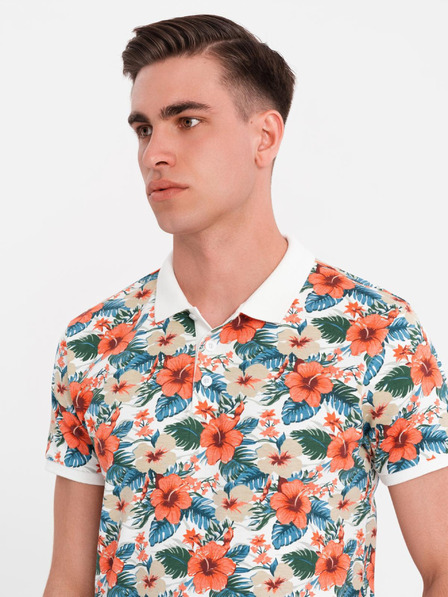 Ombre Clothing Baumwoll-Poloshirt mit Blumendruck - weiß
