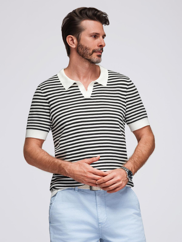 Ombre Clothing Herren Strick-Poloshirt ohne Knöpfe im Marinelook - schwarz-weiß