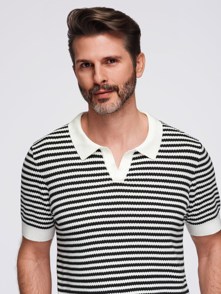 Ombre Clothing Herren Strick-Poloshirt ohne Knöpfe im Marinelook - schwarz-weiß