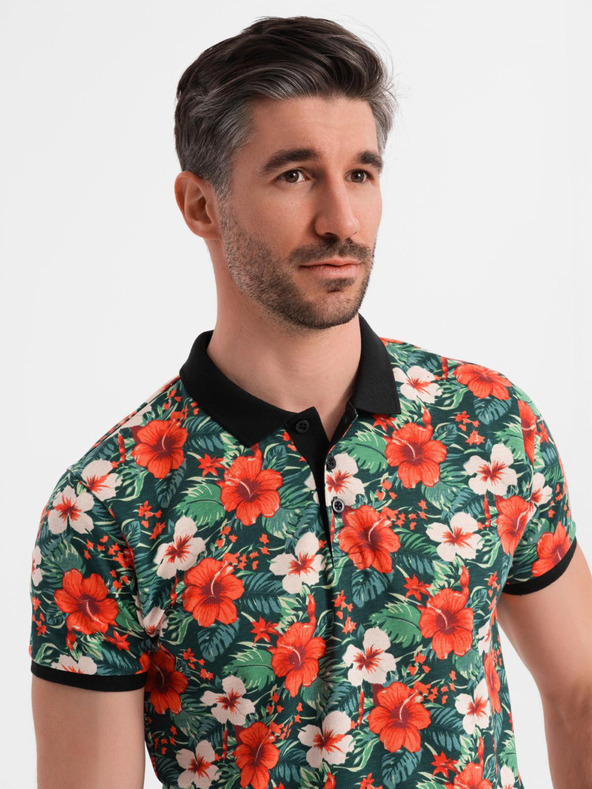 Ombre Clothing Baumwoll-Poloshirt mit Blumendruck - schwarz