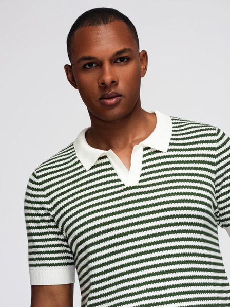 Ombre Clothing Herren Strick-Poloshirt ohne Knöpfe im Marinelook - weiß und olivgrün