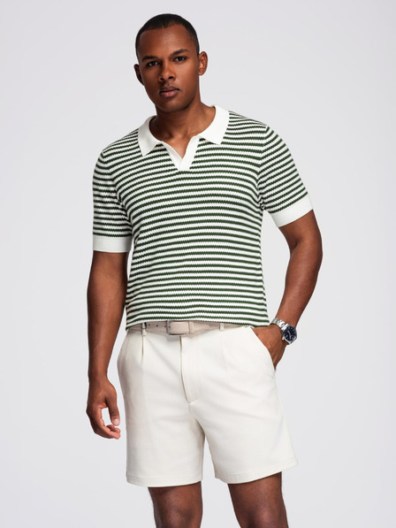 Ombre Clothing Herren Strick-Poloshirt ohne Knöpfe im Marinelook - weiß und olivgrün