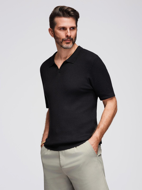 Ombre Clothing Herren-Poloshirt mit offenem Kragen ohne Knöpfe - schwarz