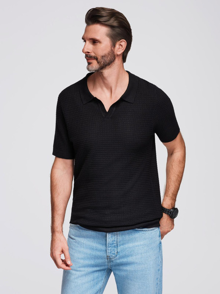 Ombre Clothing Herren Strick-Poloshirt ohne Knöpfe - schwarz