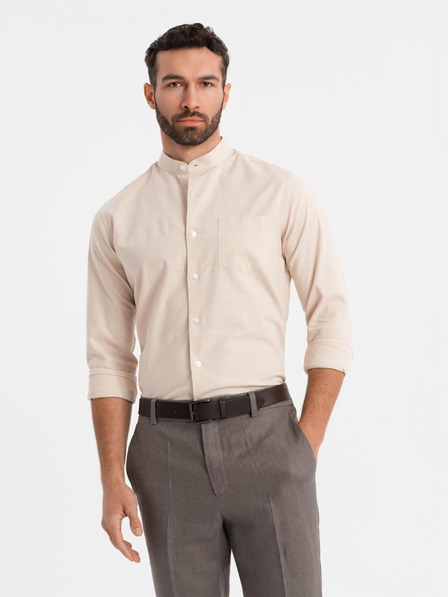 Ombre Clothing Herren-Leinwandhemd mit Stehkragen und Tasche REGULAR FIT - cremeweiß