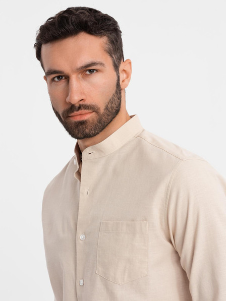 Ombre Clothing Herren-Leinwandhemd mit Stehkragen und Tasche REGULAR FIT - cremeweiß