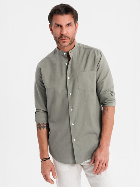 Ombre Clothing Herren-Leinwandhemd mit Stehkragen und Tasche REGULAR FIT - khaki
