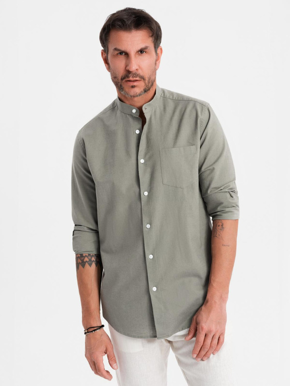 Ombre Clothing Herren-Leinwandhemd mit Stehkragen und Tasche REGULAR FIT - khaki
