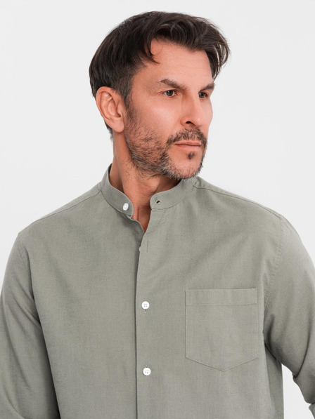 Ombre Clothing Herren-Leinwandhemd mit Stehkragen und Tasche REGULAR FIT - khaki
