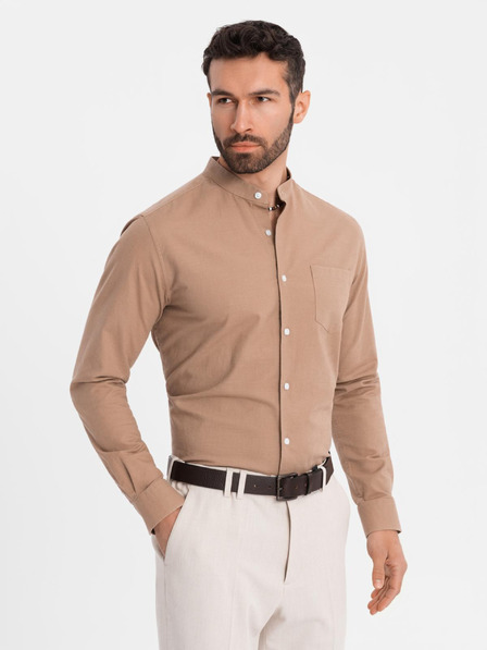 Ombre Clothing Herren-Leinwandhemd mit Stehkragen und Tasche REGULAR FIT - hellbraun
