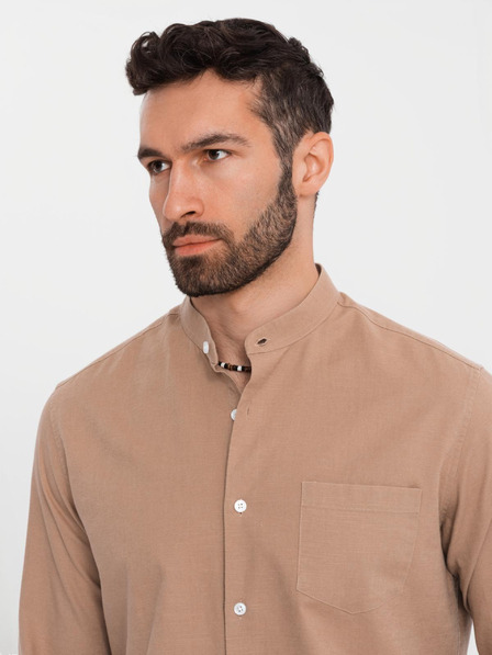 Ombre Clothing Herren-Leinwandhemd mit Stehkragen und Tasche REGULAR FIT - hellbraun