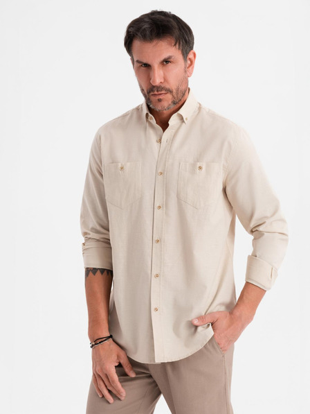 Ombre Clothing Herren-Leinwandhemd mit klassischem Kragen und Taschen REGULAR FIT - cremeweiß