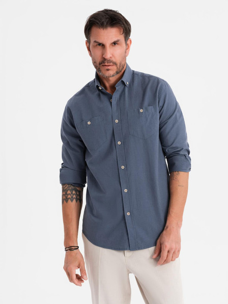 Ombre Clothing Herren-Leinwandhemd mit klassischem Kragen und Taschen REGULAR FIT - blau