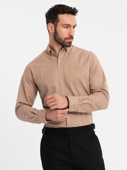 Ombre Clothing Herren-Leinenhemd mit klassischem Kragen und Taschen REGULAR FIT - hellbraun