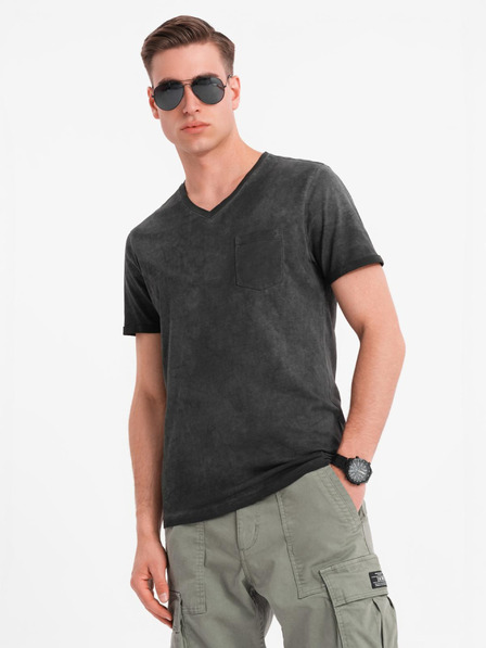 Ombre Clothing Herren-T-Shirt mit V-Ausschnitt und Used-Effekt - schwarz