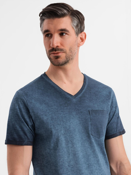 Ombre Clothing Herren Baumwoll-T-Shirt mit V-Ausschnitt und Used-Effekt - dunkelblau