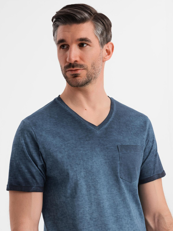 Ombre Clothing Herren Baumwoll-T-Shirt mit V-Ausschnitt und Used-Effekt - dunkelblau