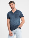 Ombre Clothing Herren Baumwoll-T-Shirt mit V-Ausschnitt und Used-Effekt - dunkelblau