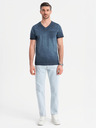 Ombre Clothing Herren Baumwoll-T-Shirt mit V-Ausschnitt und Used-Effekt - dunkelblau