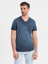 Ombre Clothing Herren Baumwoll-T-Shirt mit V-Ausschnitt und Used-Effekt - dunkelblau