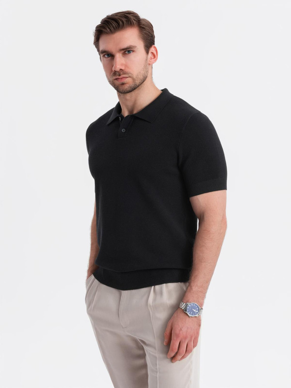 Ombre Clothing Herren Baumwoll-Poloshirt aus strukturiertem Strick - schwarz