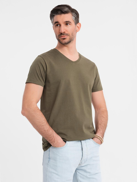 Ombre Clothing Herren klassisches Baumwoll-T-Shirt BASIC mit V-Ausschnitt - dunkel olivgrün