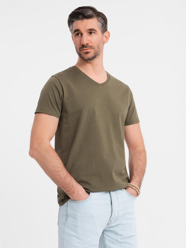 Ombre Clothing Herren klassisches Baumwoll-T-Shirt BASIC mit V-Ausschnitt - dunkel olivgrün