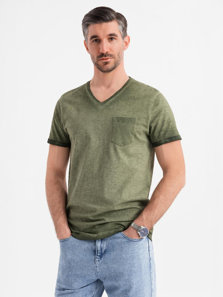 Ombre Clothing Herren Baumwoll-T-Shirt mit V-Ausschnitt und Used-Effekt - olivgrün
